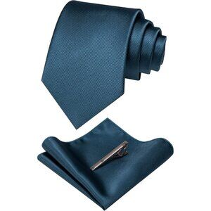 Men's Steal Blue Colour Formal Necktie and Pocket Square Tie Clip Sets